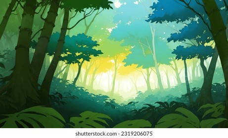 Ilustración de pintura dibujada a mano en el paisaje natural de la selva tropical densa