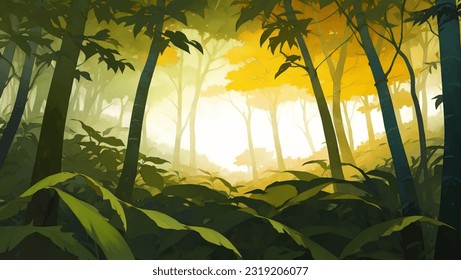 Ilustración de pintura dibujada a mano en el paisaje natural de la selva tropical densa