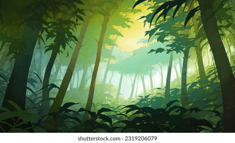 Dense Jungle Rainforest Nature Scenery Detailed Hand Drawn Painting Illustration