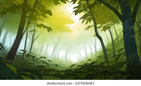 Dense Jungle Rainforest Nature Scenery Detailed Hand Drawn Painting Illustration