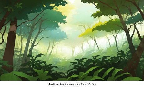 Dense Jungle Rainforest Nature Scenery Detailed Hand Drawn Painting Illustration