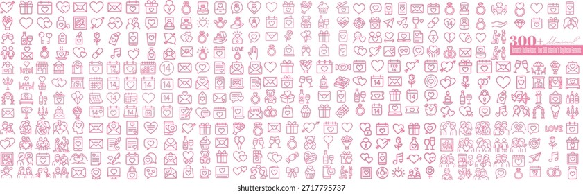 Padrão de arte de linha densa apresenta mais de trezentos ícones cor-de-rosa dos namorados, com corações, presentes, champanhe, cupcakes, notas de música, casais e anéis de casamento, ideal para cabeçalhos de teia de férias e artigos de papelaria, alegre.