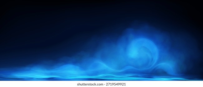 Dense magical smoke on the surface, blue neon, light reflection in space, nebula, smog, gas. Vector illustration.