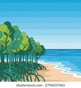 Dense mangrove forest with intricate root systems growing along a sandy tropical beach next to a calm blue ocean.