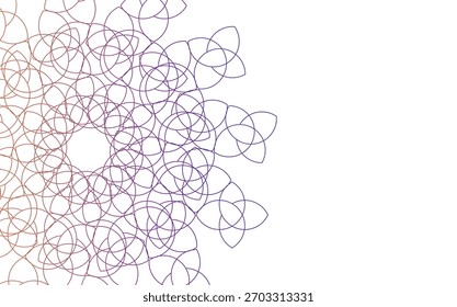 Uma malha densa de loops circulares sobrepostos cria um intrincado padrão abstrato, fazendo a transição de tons de laranja quente para roxo frio, definido em um fundo branco limpo para fundos e texturas.