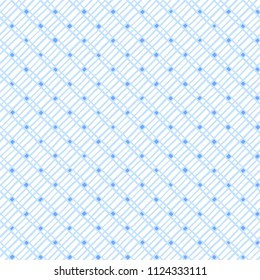 Dense mesh, trellis, grating, lattice seamless repeat background, texture. Mosaic tile regular pattern made of diagonal crossing hand drawn doodle lines, stripes with tiny squares. Blue winter colors.