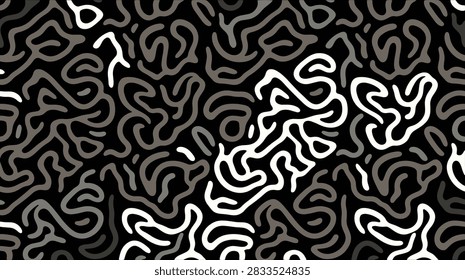 A dense network of meandering white and grey worm-like paths creates a textured, brain-like labyrinthine graphic design.