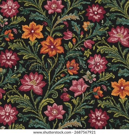 A dense and opulent floral pattern with stylized crimson, pink, and orange flowers intertwined with dark green foliage on a black background. A rich design in the style of the Arts and Crafts movement