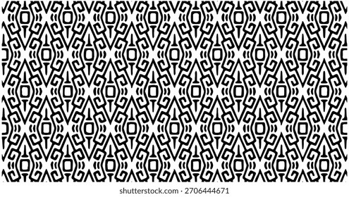 Padrão ornamental denso preto e branco com pequenas formas abstratas formando uma repetição simétrica decorativa.