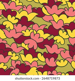 A dense, overlapping floral arrangement featuring bold flower shapes in yellow, pink, and deep red. The flowers are tightly packed, creating a sense of abundance and energy. 