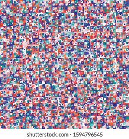 Dense Packed Noise Close Up Mini Pixel Grid Mosaic Texture Background. Classic Blue Red White Abstract Macro Seamless Pattern. Playful Painterly All Over Print. Repeat Swatch Tile Vector EPS 10