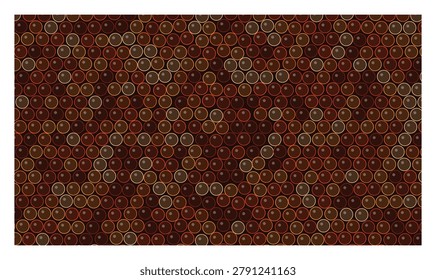 Dense pattern of brown and golden circles creating rich textured surface aesthetic vector illustration depicting repeating spherical objects on dark brown background.
