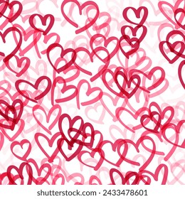 Dense pattern of red and pink hearts overlapping in a vibrant, full-coverage design on a square canvas. Vector illustration