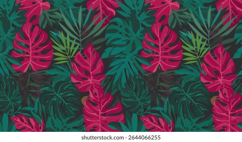 A dense pattern of stylized monstera and palm leaves in shades of green and magenta, creating a vibrant tropical foliage design.