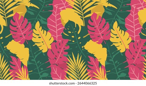 A dense pattern of stylized tropical leaves in bold yellow, pink, and green hues creates a vibrant, eye-catching design.