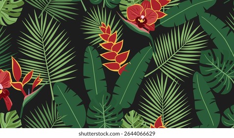 A dense pattern of tropical foliage featuring red heliconia, orchids, palm fronds, and banana leaves in a flat, graphic style.