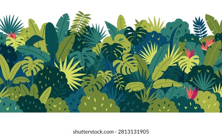 Dense pattern of tropical jungle leaves and plants in various shades of green and dark blue with small red flowers.