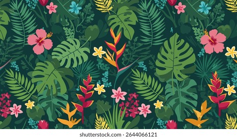 A dense pattern of tropical plants including hibiscus flowers, monstera leaves, ferns, and bird of paradise flowers in vibrant colors.