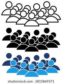 Dense People Crowd and User Group Icon Set. Featuring Line Art, Solid Silhouette, and Blue Colored Crowd Icons.