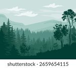 Dense pine forest with layered hills, silhouettes of trees, and cloudy sky in green tones on a scenic natural background. Concept of wilderness and tranquility. Vector illustration