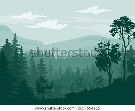 Dense pine forest with layered hills, silhouettes of trees, and cloudy sky in green tones on a scenic natural background. Concept of wilderness and tranquility. Vector illustration