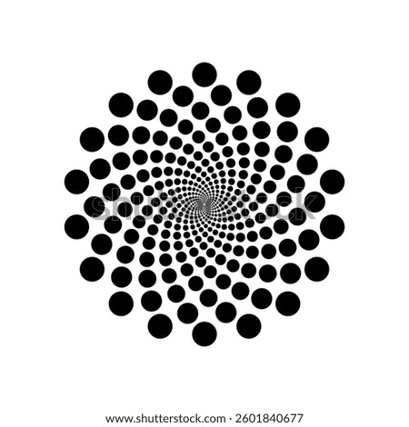 Dense radial dot spiral expanding outward from the center in high contrast on white background