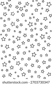 A dense, repeating pattern of hand-drawn stars in various sizes and orientations on a white background.