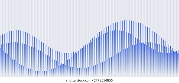 Dense row of vertical blue rounded bar strokes with variable heights forming an optical illusion of three overlapping sinusoidal waves intersecting on a single plane across the full horizontal frame on a light gray-white background. The interplay of bar lengths creates a smooth rhythmic undulation that reads simultaneously as an audio spectrum, a layered wave system, and a geometric interference pattern. This minimal vector illustration suits music, podcast, audio technology, data visualization, physics, and modern digital design projects. The clean blue-on-light palette gives the composition a precise, contemporary character.