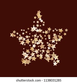 Dense scatter of colored stars forming a five-angled star figure. Isolated gradient stellar elements.
  Brass metal shine.
 Holiday celebration luminous vector template for decorations