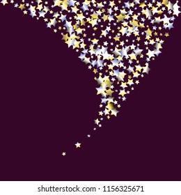 Dense scatter of colored stars forming a swirly tail. Isolated yellow blue white  grey gradient celestial elements. Festive iridescent holographic shine vector template for celebration decoration