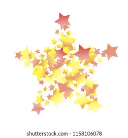 Dense scatter of colored stars forming a five-angled star figure. Isolated yellow orange red gradient stellar elements. Iridescent glitter festive celebration vector template for decoration