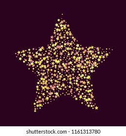 Dense scatter of colored stars forming a five-angled star figure. Isolated yellow orange red gradient stellar elements. Holiday celebration luminous glossy vector template for decoration