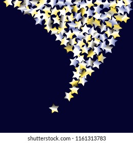 Dense scatter of colored stars forming a swirly tail. Isolated yellow blue white  grey gradient celestial elements. Iridescent glitter festive celebration vector template for celebration decoration