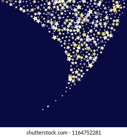 Dense scatter of colored stars forming a swirly tail. Isolated yellow blue white  grey gradient celestial elements. Iridescent glitter festive celebration vector template for celebration decoration