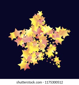 Dense scatter of colored stars forming a five-angled star figure. Isolated yellow orange red gradient stellar elements. Festive iridescent holographic shine vector template for decoration
