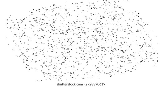 Uma dispersão densa de formas pequenas, escuras e irregulares em um pano de fundo branco limpo.