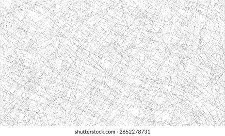 Textura grunge de arranhão denso com linhas de interseção caóticas e sobreposição de ruído. Abstrato padrão angustiado no fundo branco. Efeito de superfície vintage áspero.
