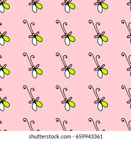  Dense seamless butterfly cartoon pattern. Butterfly cartoon pattern in thin line style. Infinitely repeating motif of natural forms. Pen strokes background. Vector doodle illustration.