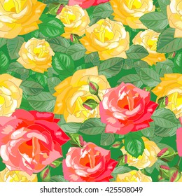 Dense seamless pattern with large red and yellow roses.Floral vector illustration.Can be used for fabric,textile,gift wrapping paper.