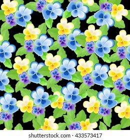 Dense seamless pattern with pansies on a black background.Floral vector illustration .Can be used for fabric,textile,wrapping paper.