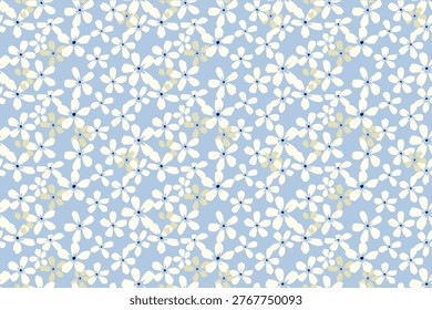 Dense seamless pattern with small white flowers and subtle yellow accents on a soft blue background. Light, airy design perfect for textiles, wallpaper, packaging, and spring decor