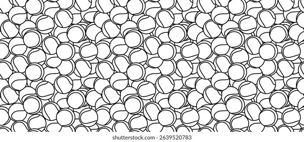 Dense seamless pattern of tennis balls, outline design in monochrome. Great for sports themed backgrounds, activewear prints, or tennis club branding.