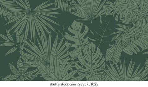 A dense, seamless pattern of various tropical jungle leaves in shades of dark green. Perfect for wallpaper, textiles, and nature-themed designs.