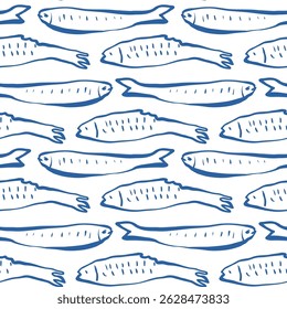 Dense seamless vector pattern with blue fish swimming horizontally in opposite directions on white background in playful marine style