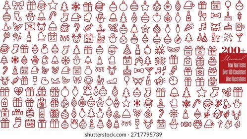 Dense sheet of minimal red line icons displays christmas and new year elements like santa, gift boxes, trees and champagne bottles, designed as consistent outline vector set for web, print, and stationery, cheerful.