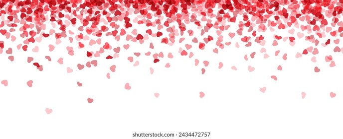 Dense shower of hearts in deep red tones, gradually dispersing towards the bottom on a white background. Vector illustration