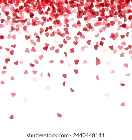 Dense shower of hearts in deep red tones, gradually dispersing towards the bottom on a white background. Vector illustration