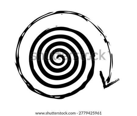 Dense spiral arrow grunge doodle design element. Tight inward spiraling focus. Abstract round vortex shape. Handdrawn pointer. Dynamic sketchy rough direction clipart. Distressed black ink line symbol