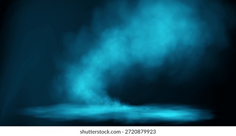 Densa corriente de humo que se eleva hacia arriba, neón azul, abstracto, niebla. Ilustración vectorial.
