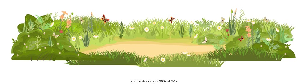 Dense summer meadow with flowers. Butterflies. Grassy lawn green thickets. Grass area. Playground. Place. Beautiful landscape. Isolated on white background. Flat style. Cartoon design. Vector